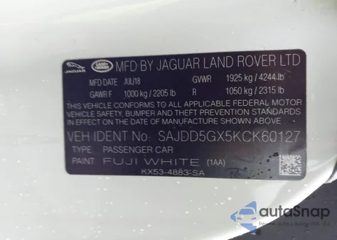 2019 Jaguar F-Type P300 z USA, uszkodzony, nr VIN SAJDD5GX5KCK60127